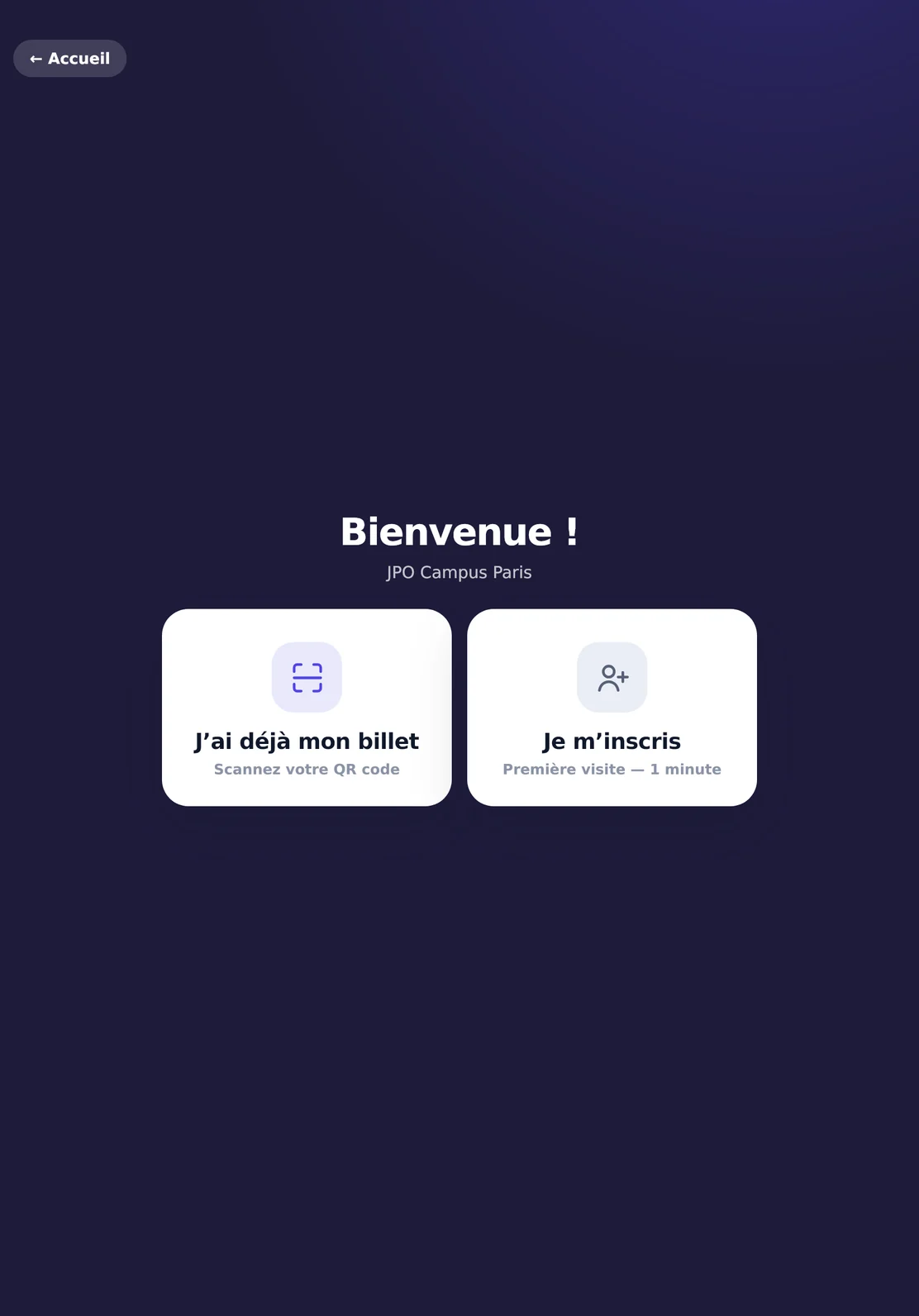 Mode borne sur iPad : Je m’inscris, J’ai déjà mon billet