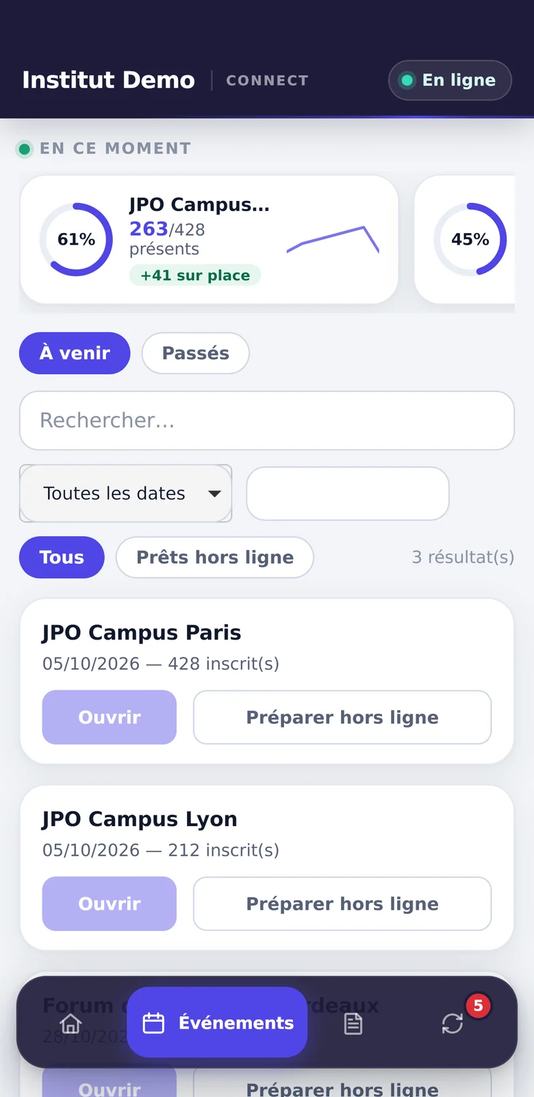 Les événements à venir, prêts hors ligne