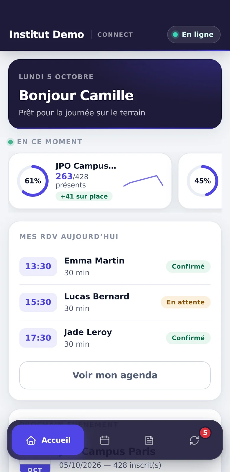 Accueil : bonjour Camille, les événements du jour