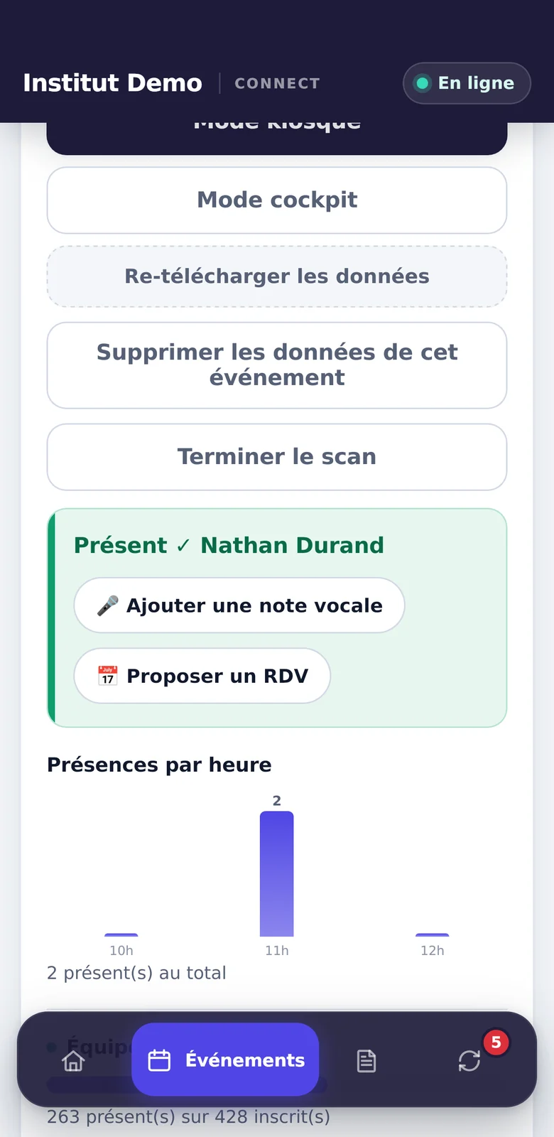 Scan d’un billet : visiteur présent, note vocale, proposer un rendez-vous