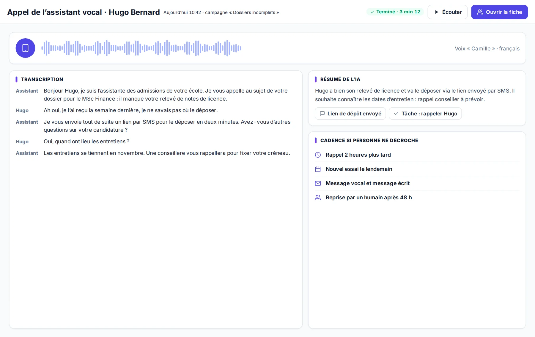 Appel de l’assistant vocal avec transcription et résumé