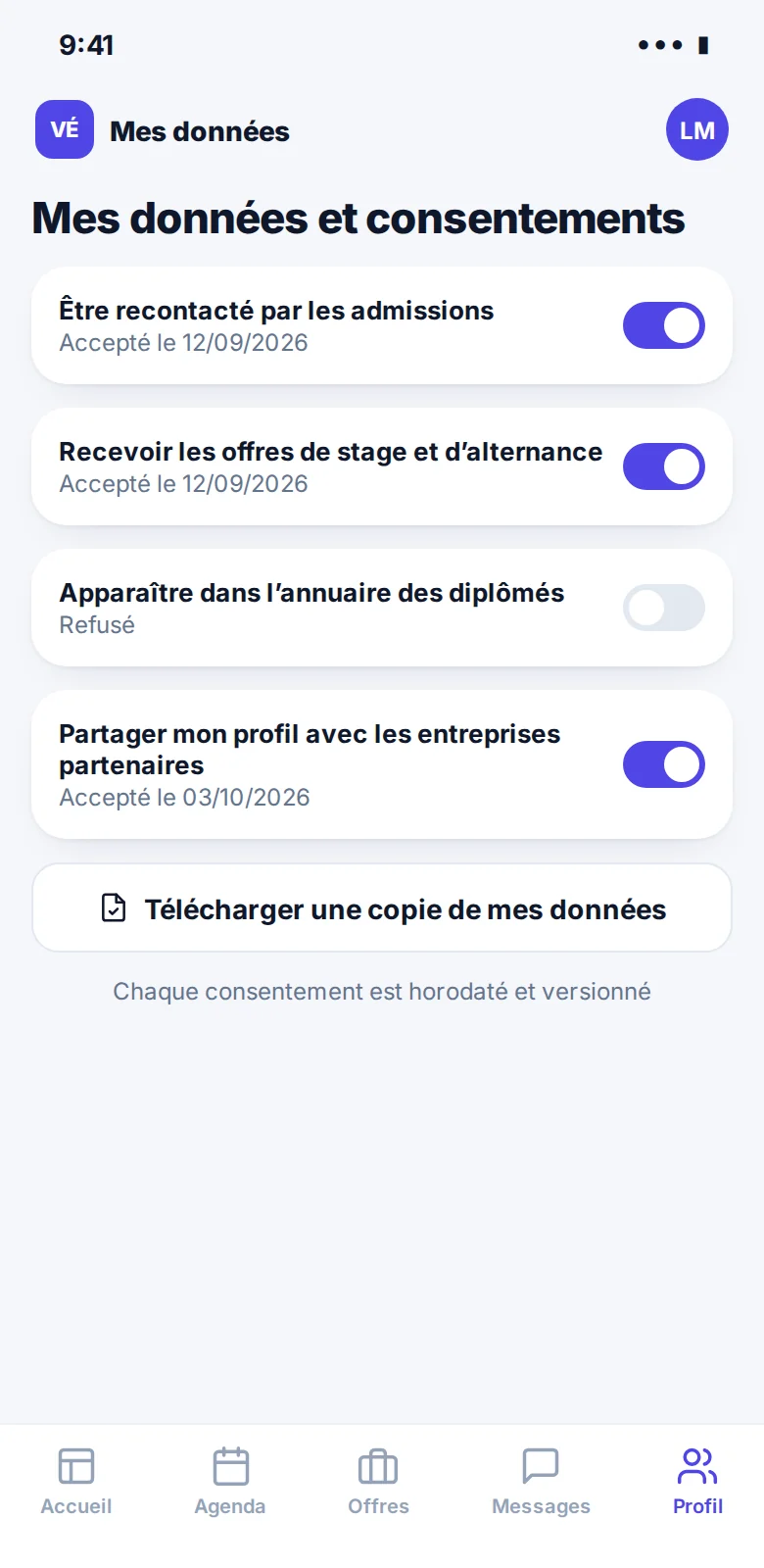 Ses données et consentements, vu par étudiant