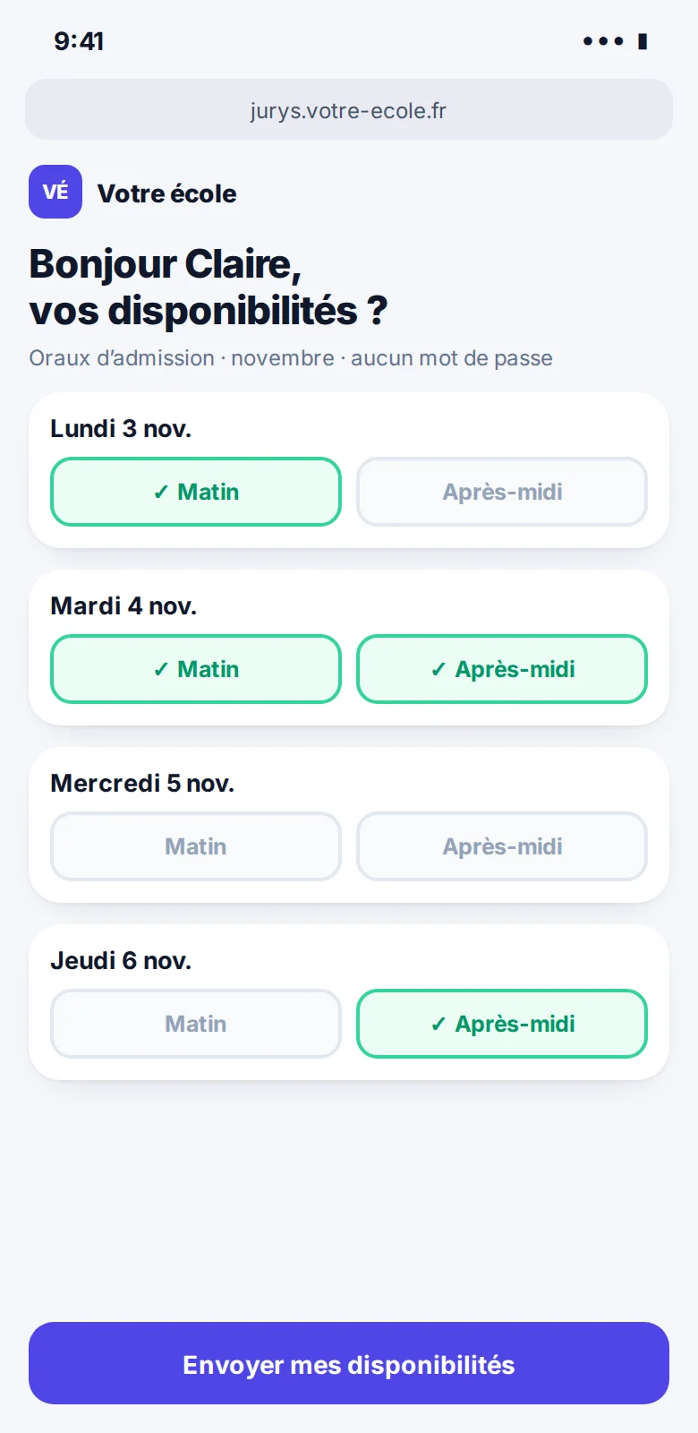 Ses disponibilités par lien, vu par jury externe