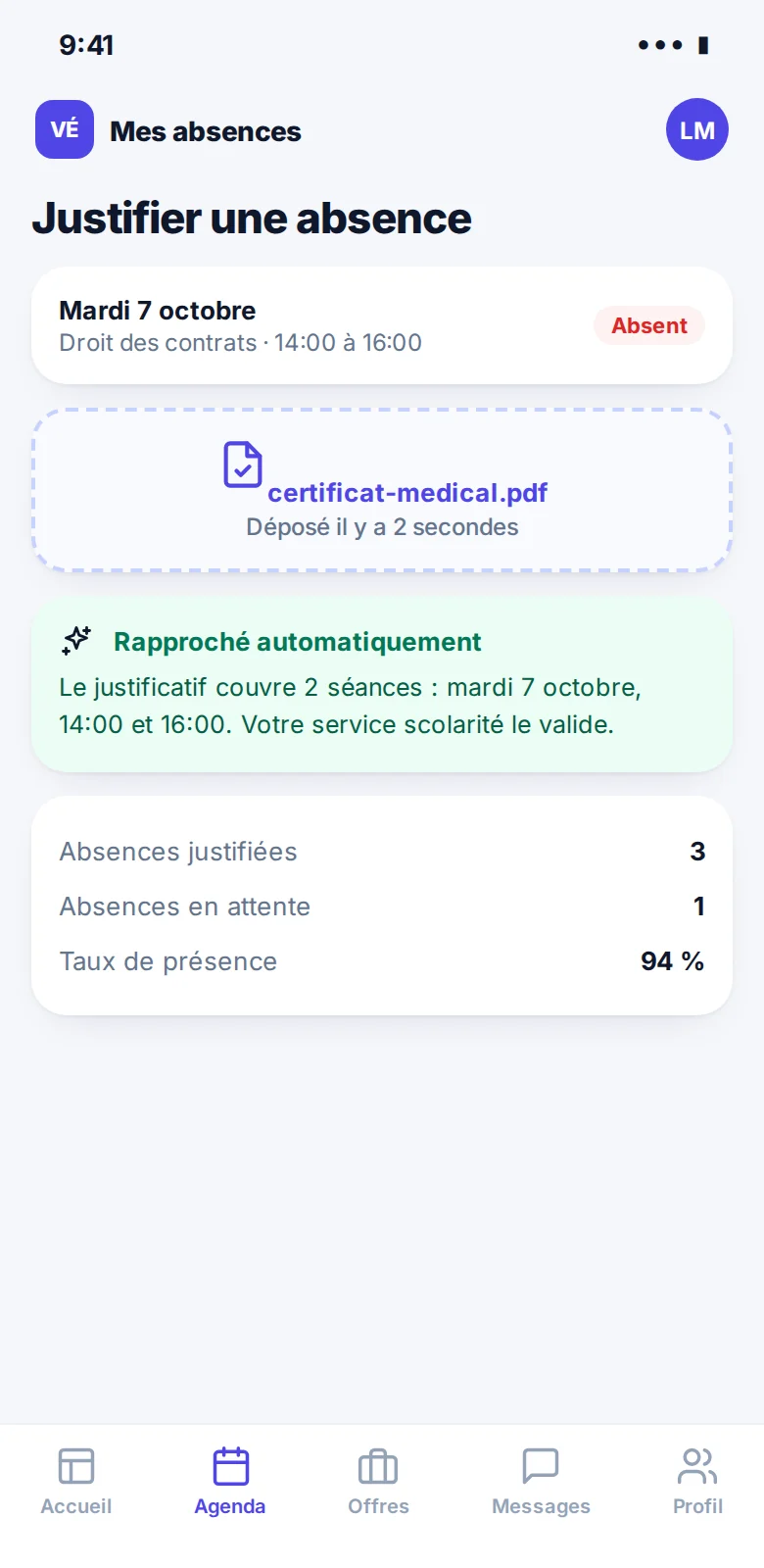 Il justifie son absence, vu par étudiant