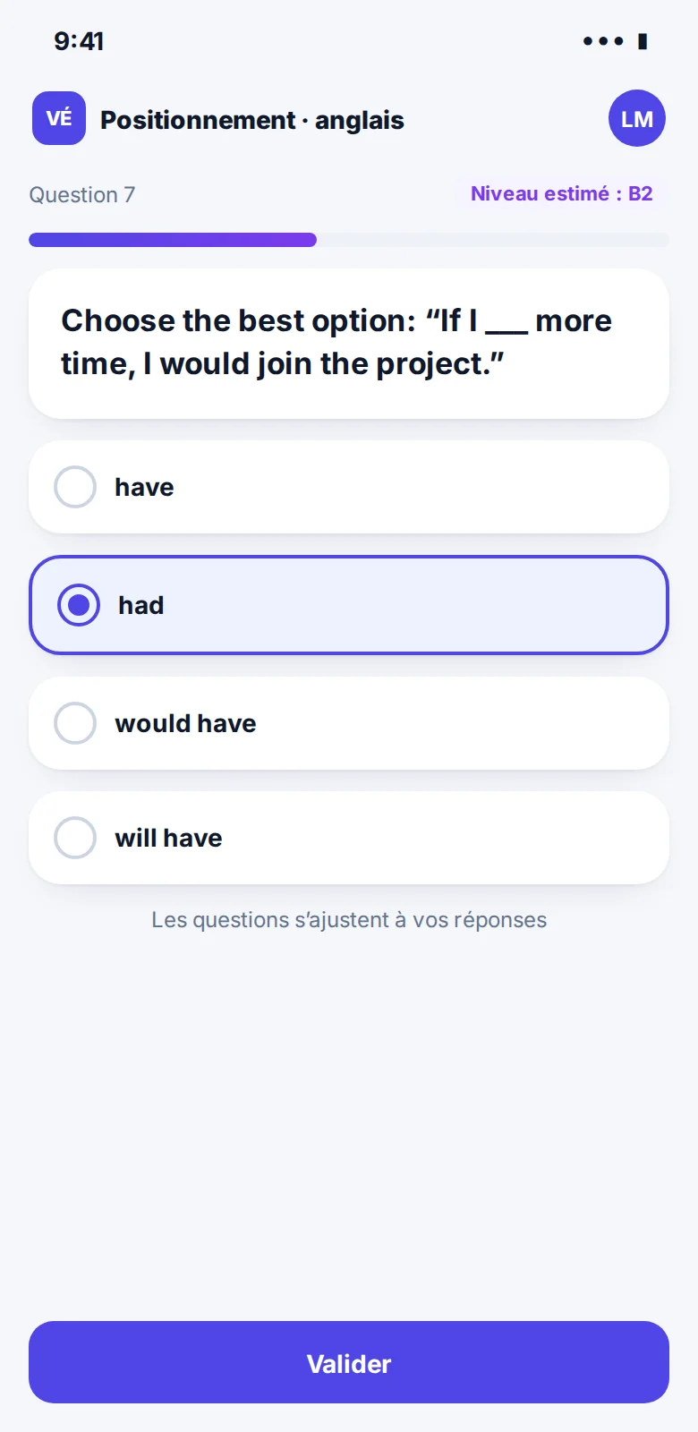 Un positionnement adaptatif, vu par apprenant