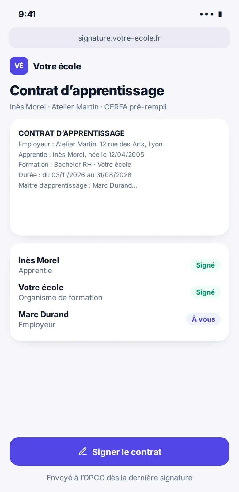 Il signe le contrat, vu par employeur